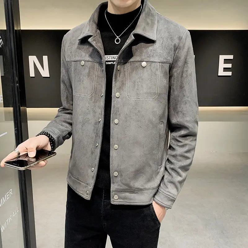 Korean Style Slim Spring And Autumn Thin Deerskin Velvet Youth Handsome Bomber Jacket Men's - WAlMYe #