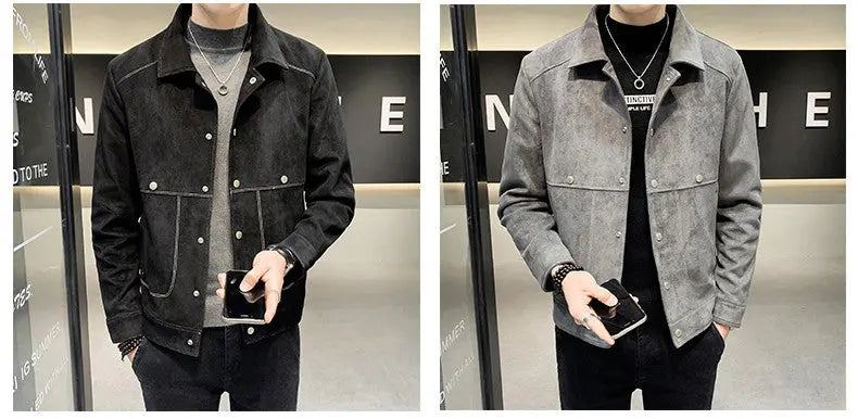Korean Style Slim Spring And Autumn Thin Deerskin Velvet Youth Handsome Bomber Jacket Men's - WAlMYe #