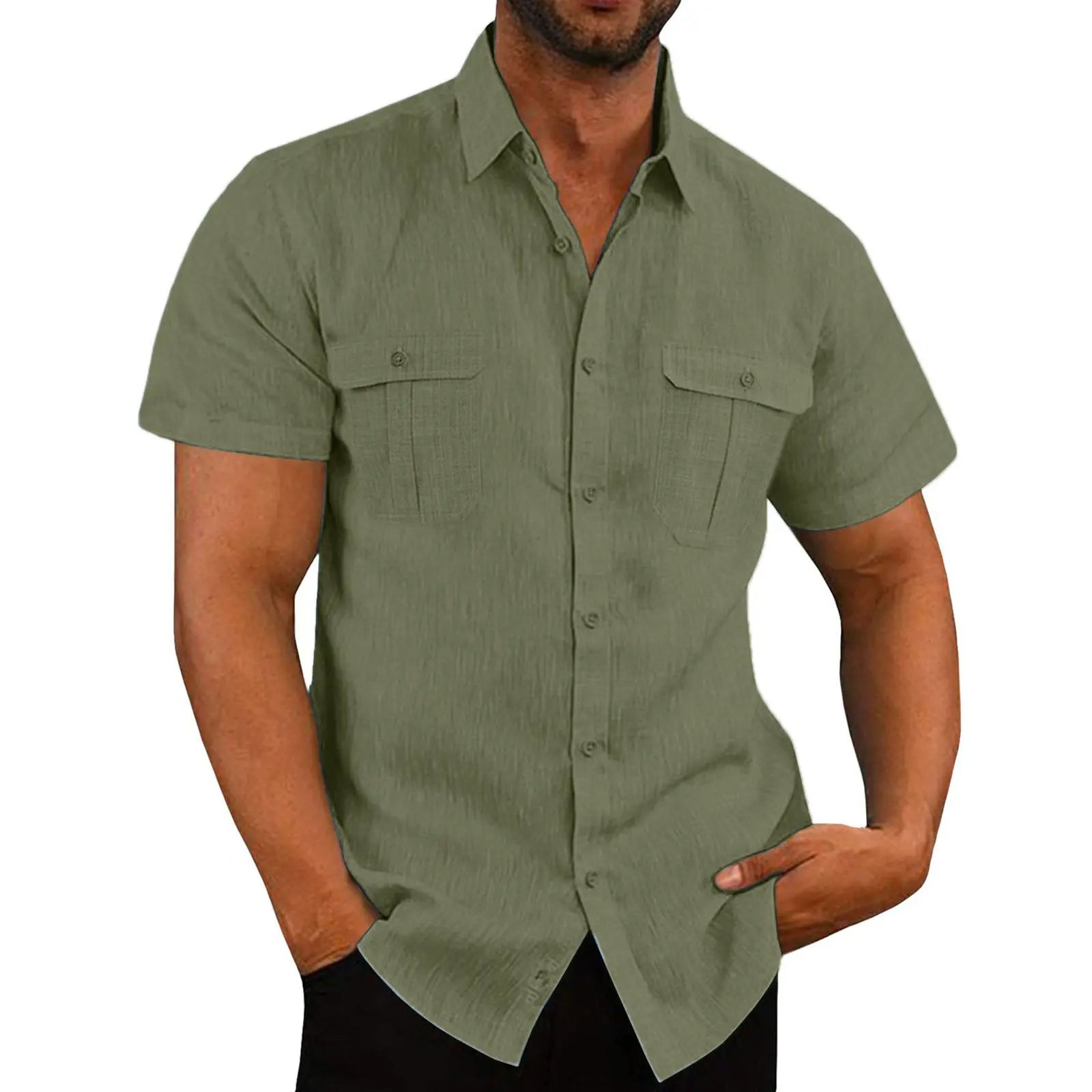 Men's Button Short Sleeve Shirt Summer Casual Double Pocket Wide Collar Beach Shirt Summer - WAlMYe #
