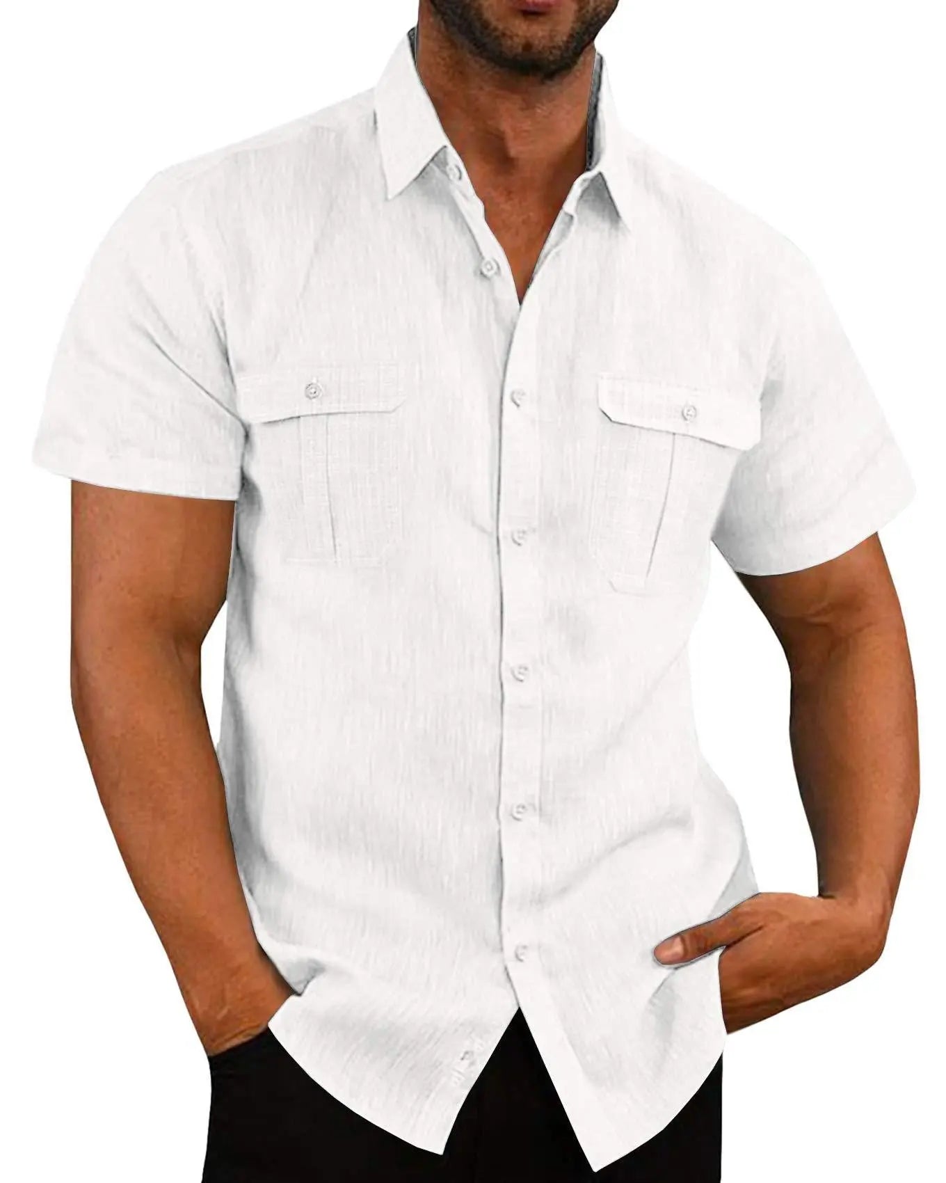 Men's Button Short Sleeve Shirt Summer Casual Double Pocket Wide Collar Beach Shirt Summer - WAlMYe #