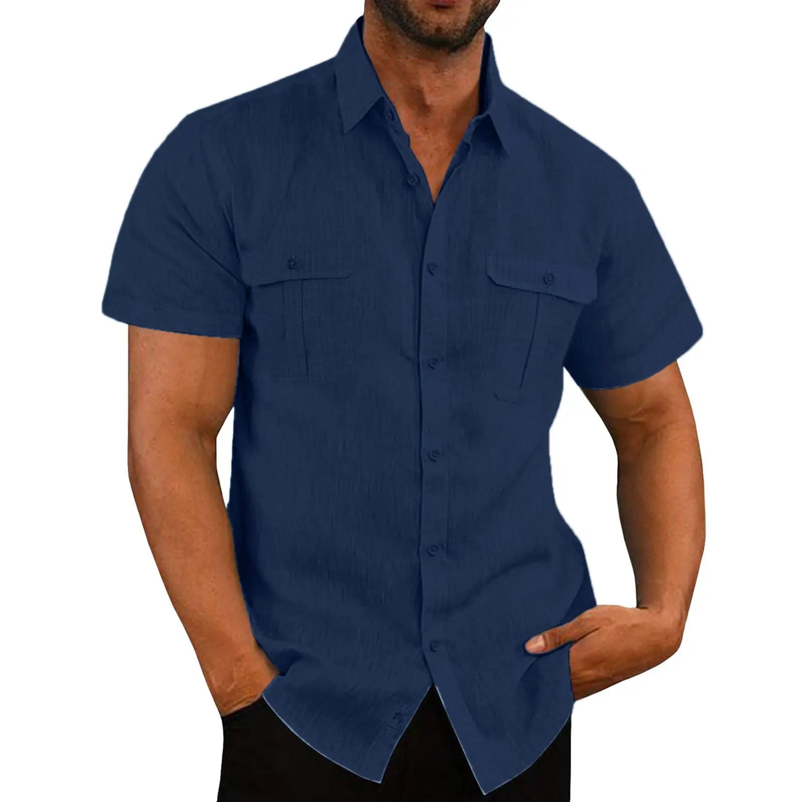 Men's Button Short Sleeve Shirt Summer Casual Double Pocket Wide Collar Beach Shirt Summer - WAlMYe #
