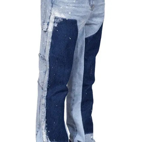 Men's Color Contrast Wash Splicing Denim Trousers - WAlMYe #