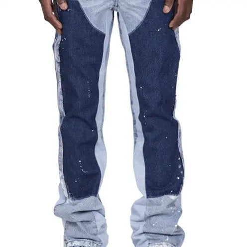 Men's Color Contrast Wash Splicing Denim Trousers - WAlMYe #