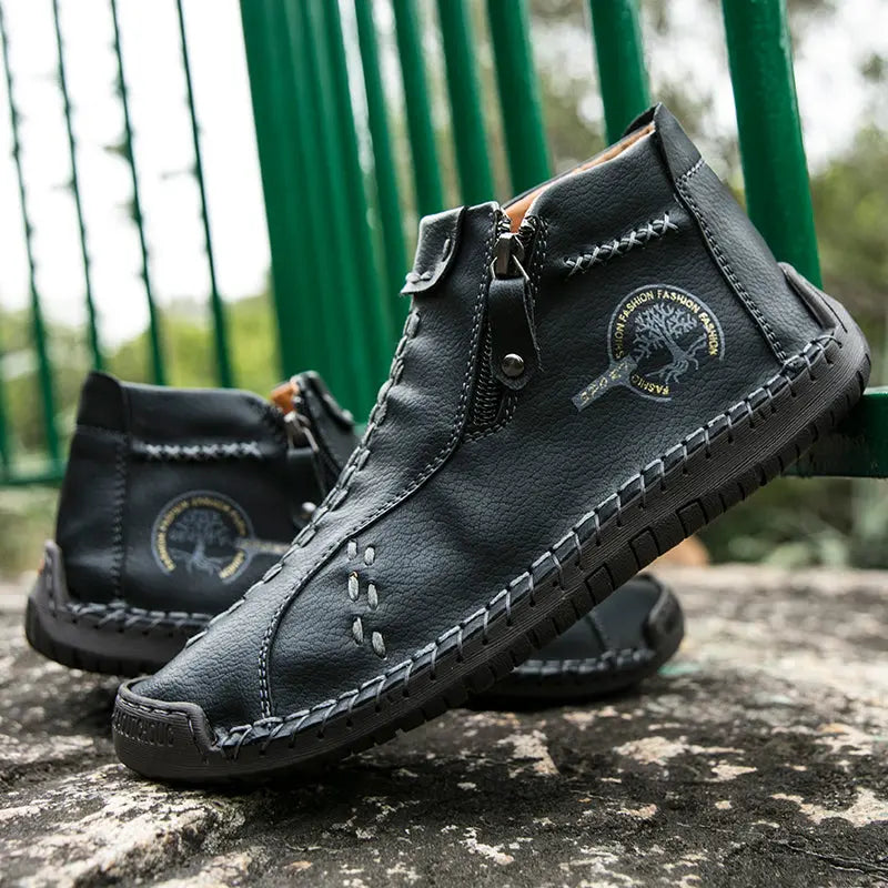 Men's Handmade Boots, Classic Stitching Ankle Boots, Outdoor Casual Zipper Shoes - WAlMYe #