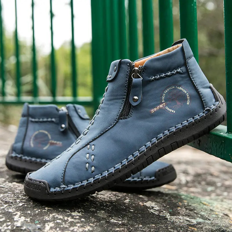Men's Handmade Boots, Classic Stitching Ankle Boots, Outdoor Casual Zipper Shoes - WAlMYe #