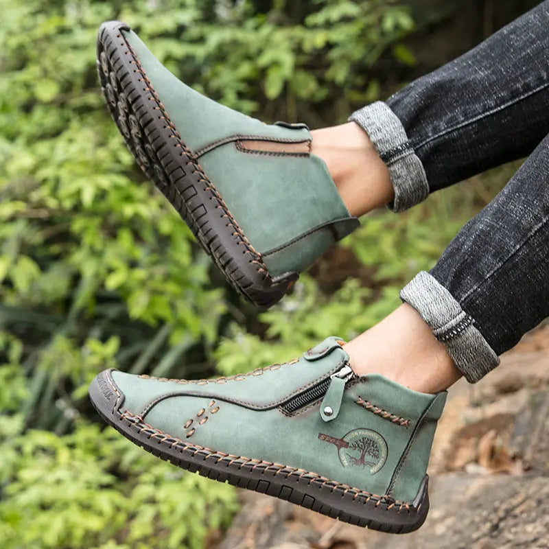 Men's Handmade Boots, Classic Stitching Ankle Boots, Outdoor Casual Zipper Shoes - WAlMYe #