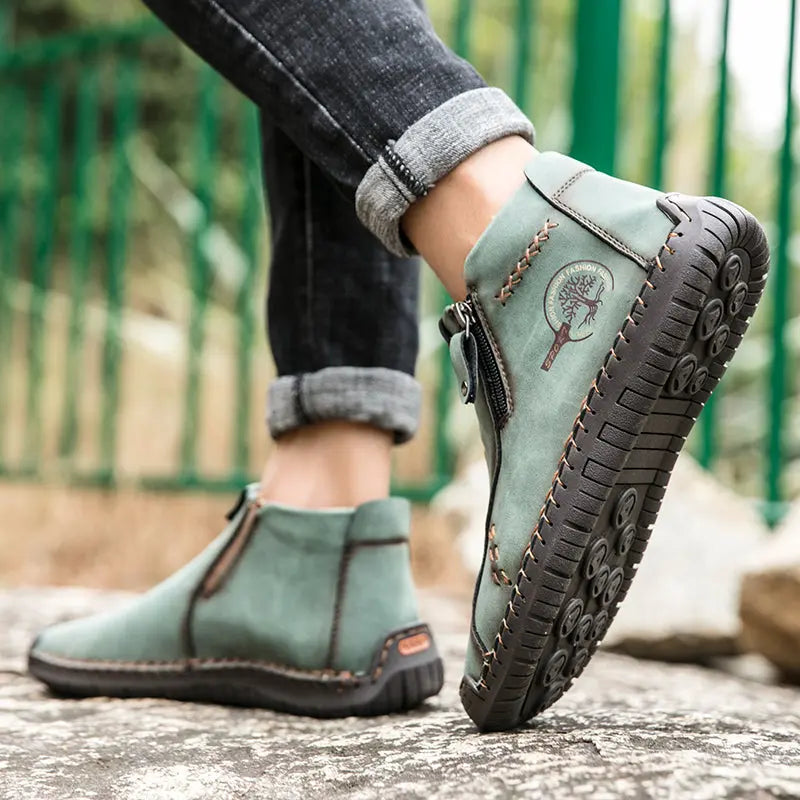Men's Handmade Boots, Classic Stitching Ankle Boots, Outdoor Casual Zipper Shoes - WAlMYe #