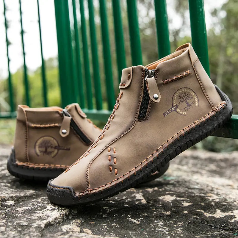 Men's Handmade Boots, Classic Stitching Ankle Boots, Outdoor Casual Zipper Shoes - WAlMYe #