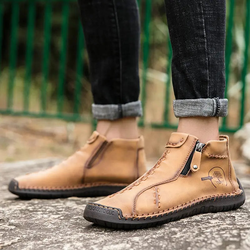 Men's Handmade Boots, Classic Stitching Ankle Boots, Outdoor Casual Zipper Shoes - WAlMYe #