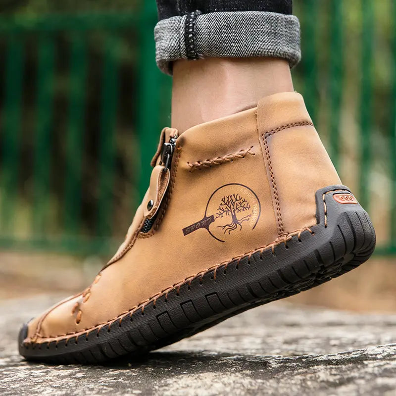 Men's Handmade Boots, Classic Stitching Ankle Boots, Outdoor Casual Zipper Shoes - WAlMYe #