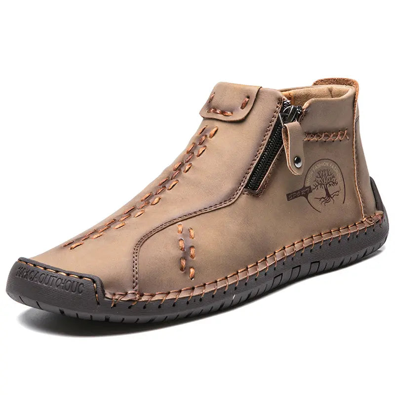 Men's Handmade Boots, Classic Stitching Ankle Boots, Outdoor Casual Zipper Shoes - WAlMYe #