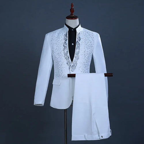 Men's Hot Flower Hot Rhinestone Stand Collar Suit - WAlMYe #