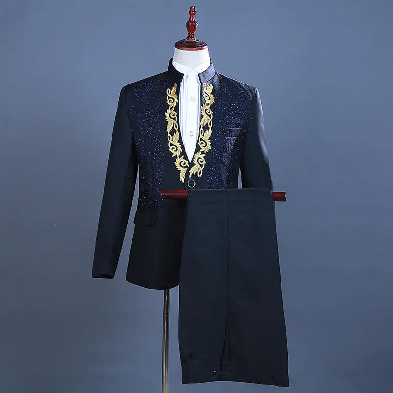 Men's Hot Flower Hot Rhinestone Stand Collar Suit - WAlMYe #