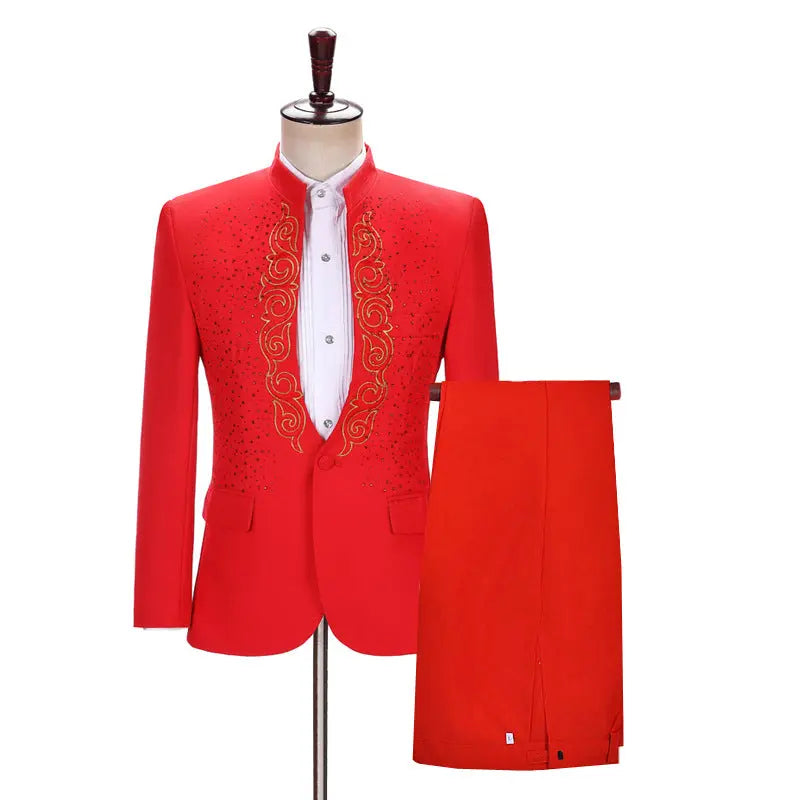 Men's Hot Flower Hot Rhinestone Stand Collar Suit - WAlMYe #