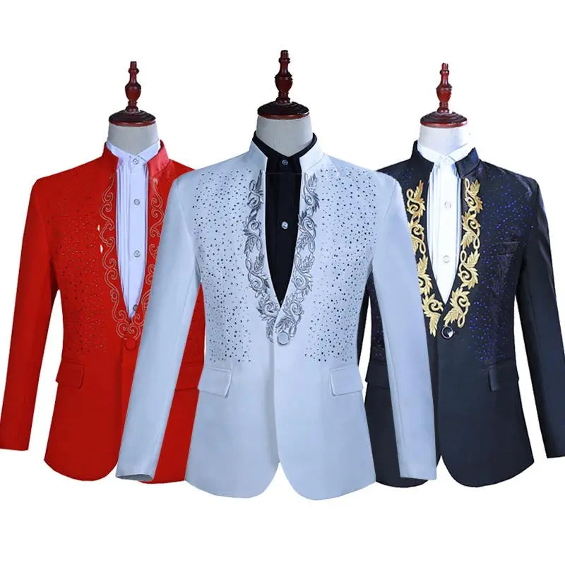 Men's Hot Flower Hot Rhinestone Stand Collar Suit - WAlMYe #