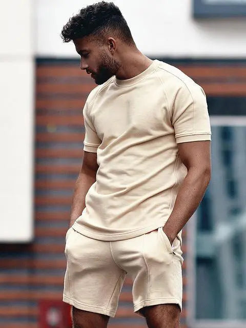 Men's Light Khaki Short Sleeve T-Shirt Sports Suit - WAlMYe #