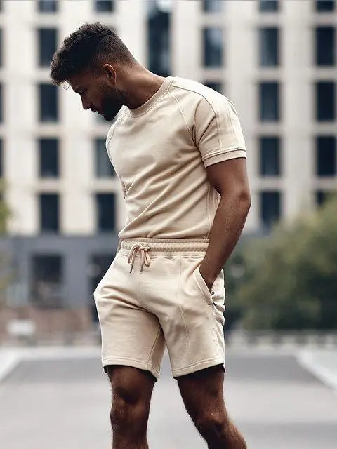 Men's Light Khaki Short Sleeve T-Shirt Sports Suit - WAlMYe #