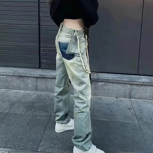 Men's New Product Water Wash Speckled Ink Chain Blue Denim Pants - WAlMYe #