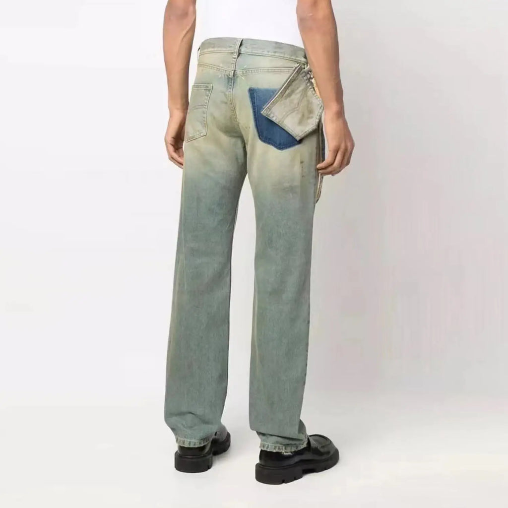 Men's New Product Water Wash Speckled Ink Chain Blue Denim Pants - WAlMYe #
