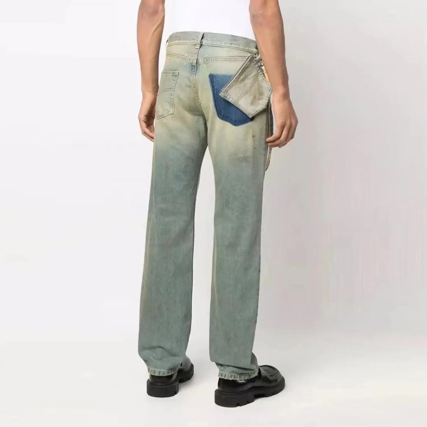 Men's New Product Water Wash Speckled Ink Chain Blue Denim Pants - WAlMYe #