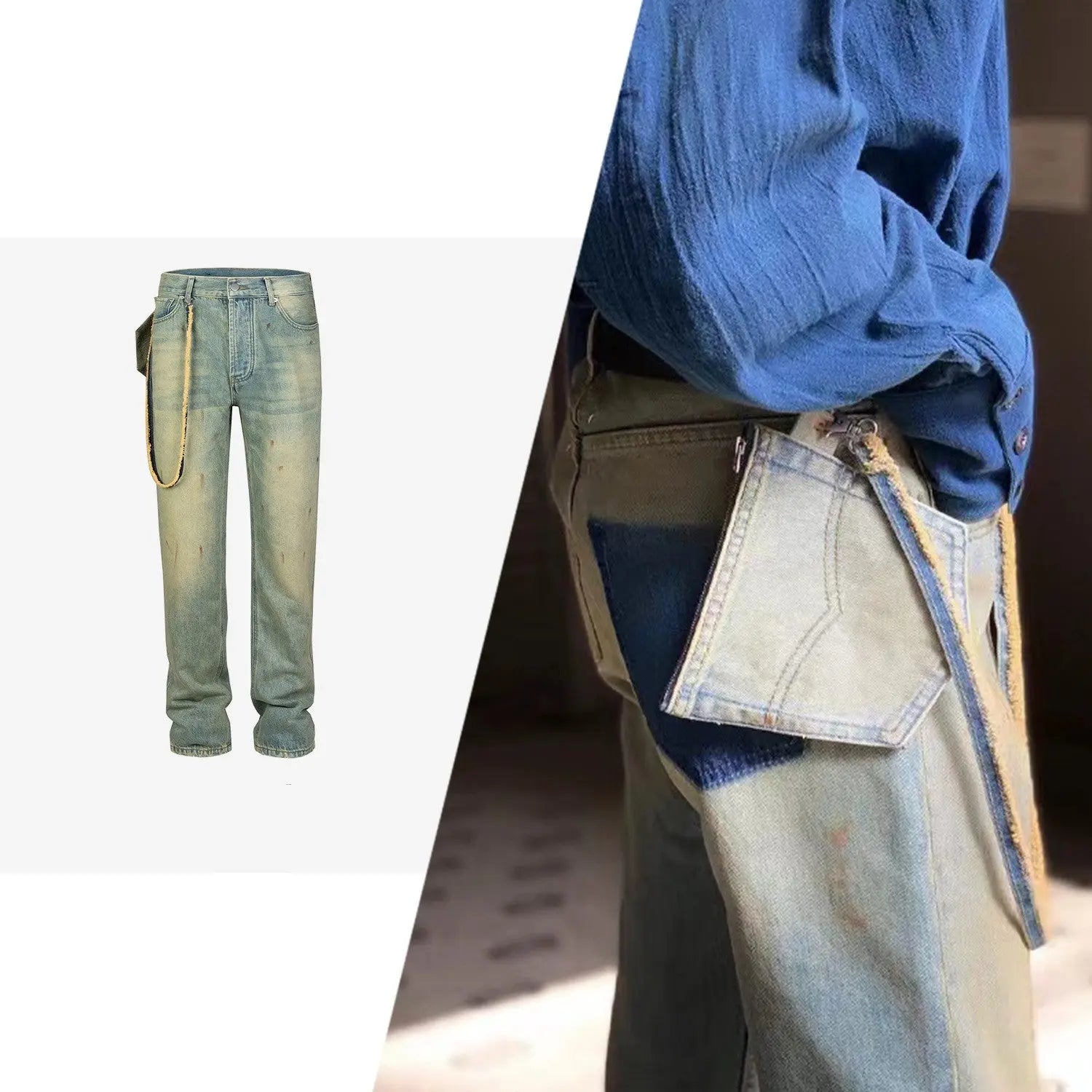 Men's New Product Water Wash Speckled Ink Chain Blue Denim Pants - WAlMYe #