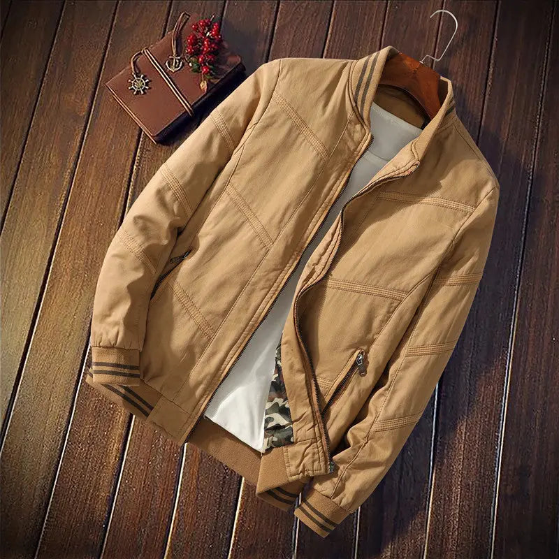 Men's Solid Color Cotton Jacket Striped Fall Winter Stand Collar Jacket - WAlMYe #