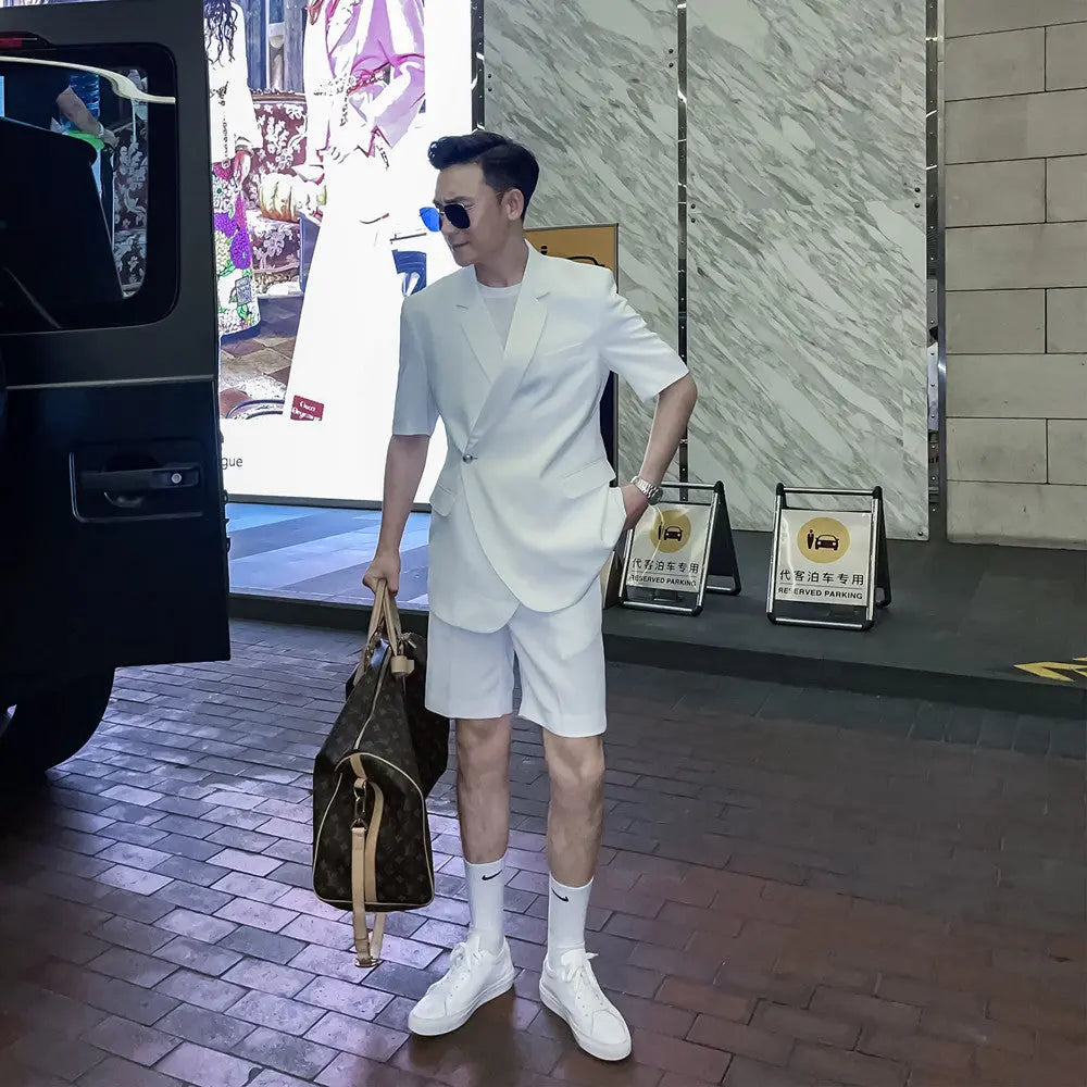 Men's Solid Color Short-sleeved Shorts Suits, Trendy Men's High-profile Solid Color Suits - WAlMYe #