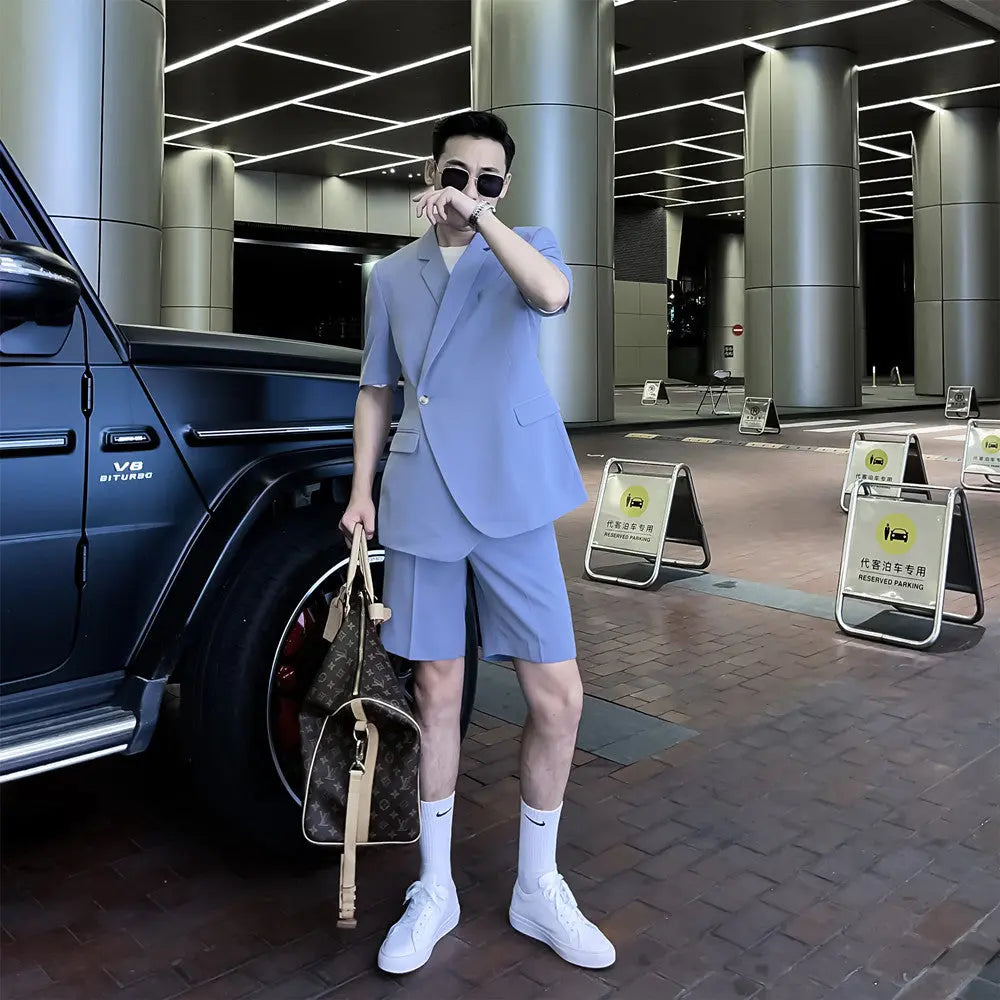 Men's Solid Color Short-sleeved Shorts Suits, Trendy Men's High-profile Solid Color Suits - WAlMYe #