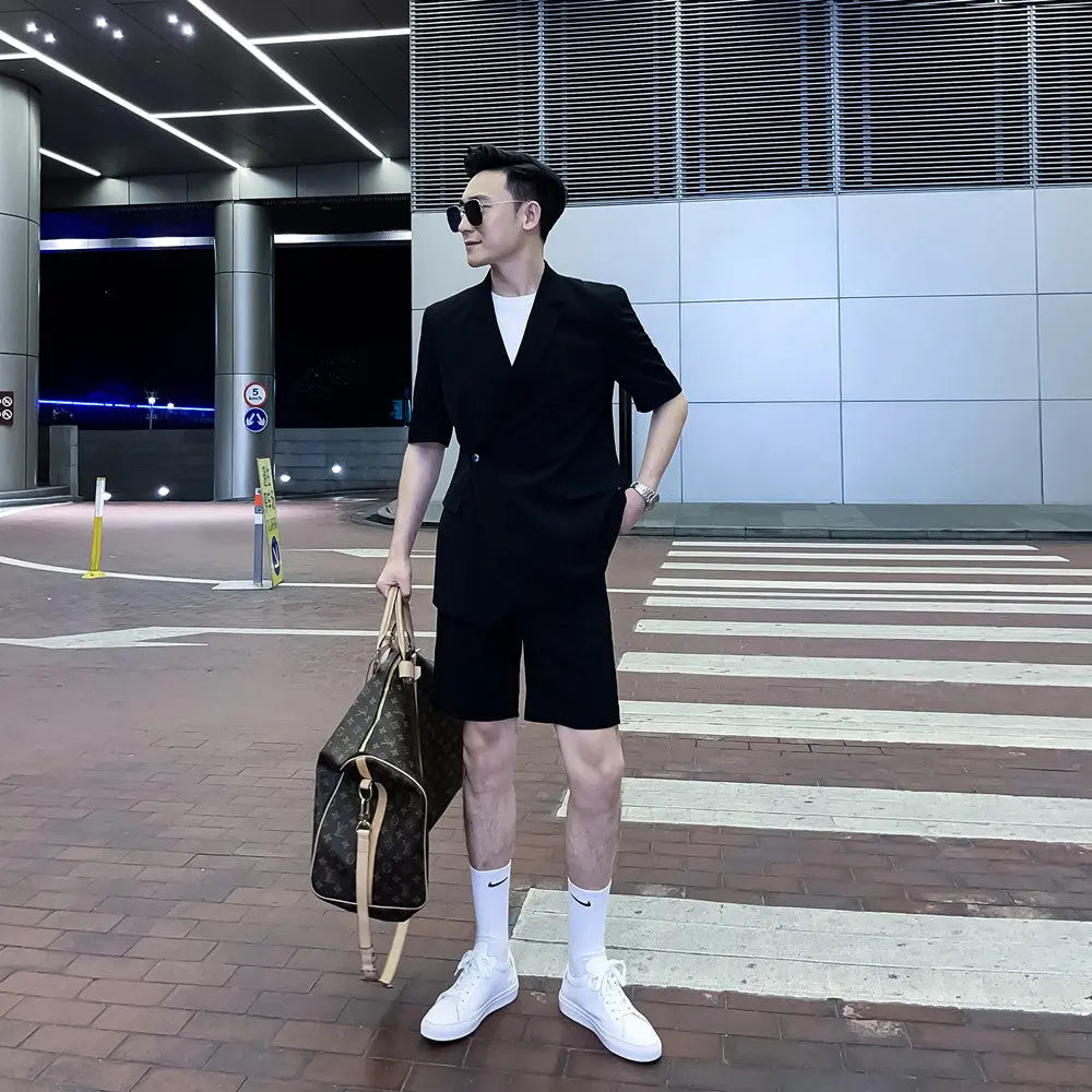 Men's Solid Color Short-sleeved Shorts Suits, Trendy Men's High-profile Solid Color Suits - WAlMYe #