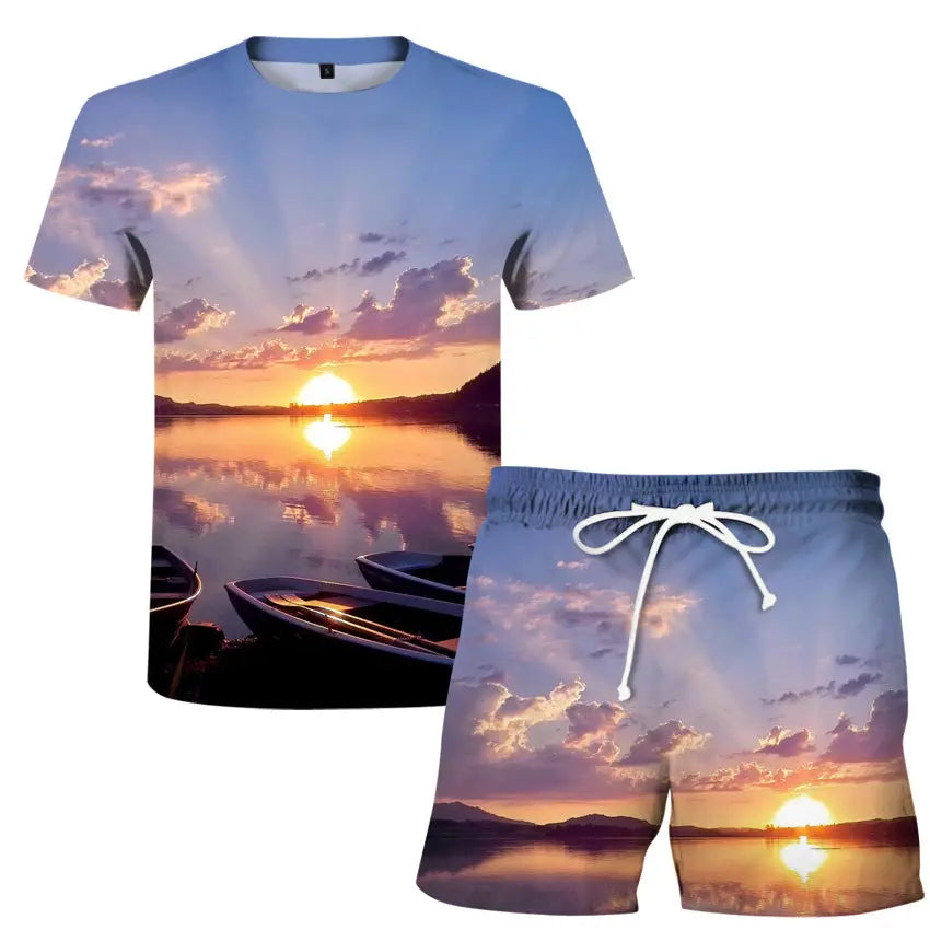Men's Women's T-Shirt Set Flame 3D Digital Printing T-Shirt Fashion Casual Two-Piece Set - WAlMYe #