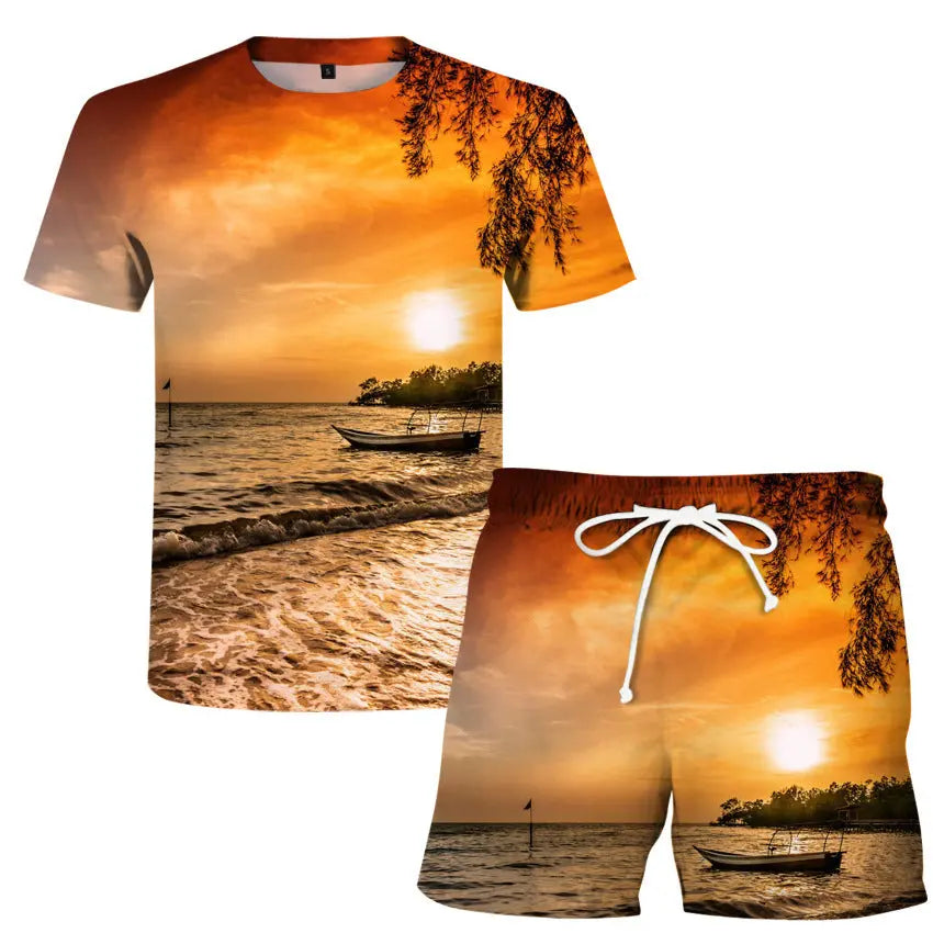 Men's Women's T-Shirt Set Flame 3D Digital Printing T-Shirt Fashion Casual Two-Piece Set - WAlMYe #