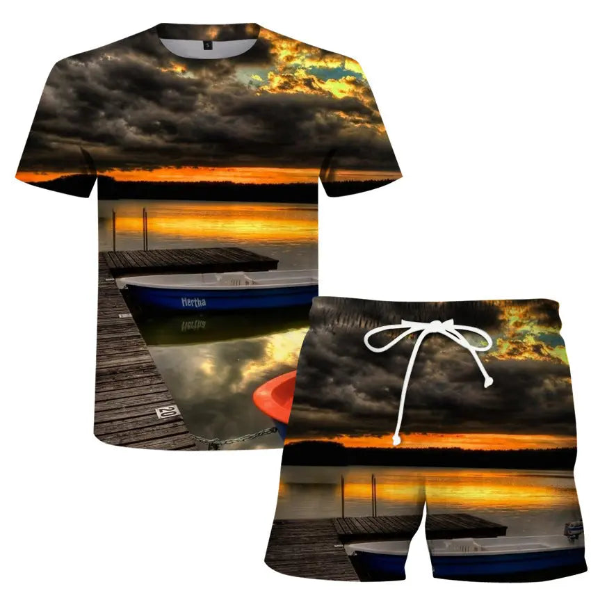 Men's Women's T-Shirt Set Flame 3D Digital Printing T-Shirt Fashion Casual Two-Piece Set - WAlMYe #