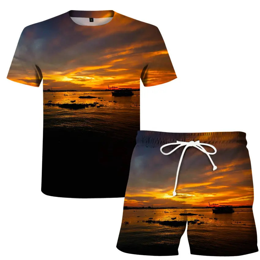 Men's Women's T-Shirt Set Flame 3D Digital Printing T-Shirt Fashion Casual Two-Piece Set - WAlMYe #