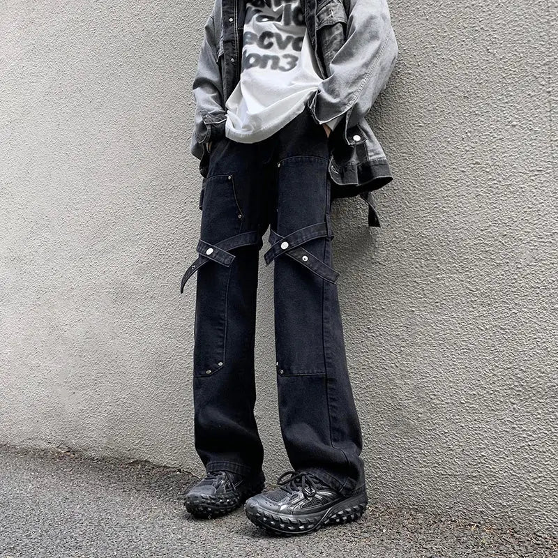 Men's Workwear Rivet Loose Straight Tube Casual Jeans - WAlMYe #