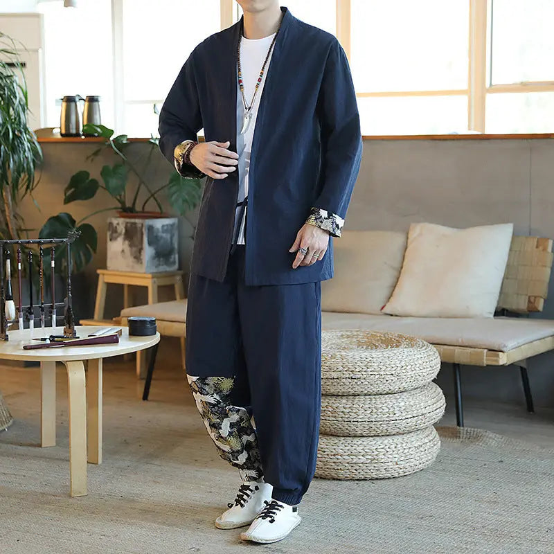 New Spring And Autumn Chinese Style Suit Mid-Length Tang Suit Men's Youth Retro 2-Piece Set One Drop Delivery - WAlMYe #