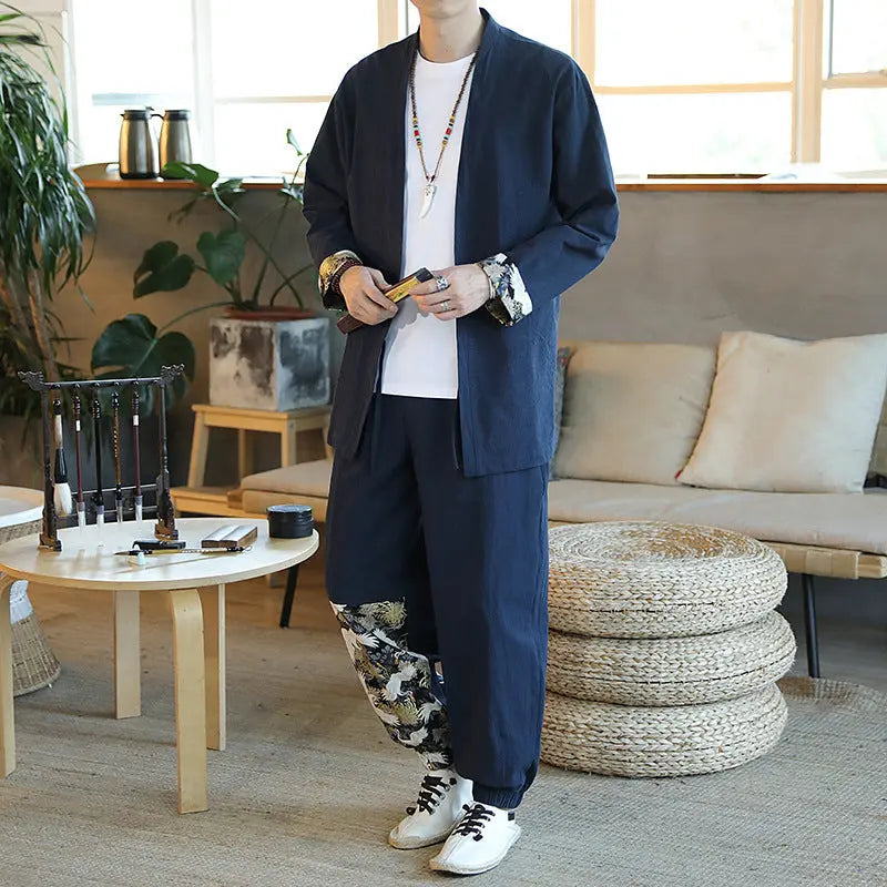 New Spring And Autumn Chinese Style Suit Mid-Length Tang Suit Men's Youth Retro 2-Piece Set One Drop Delivery - WAlMYe #