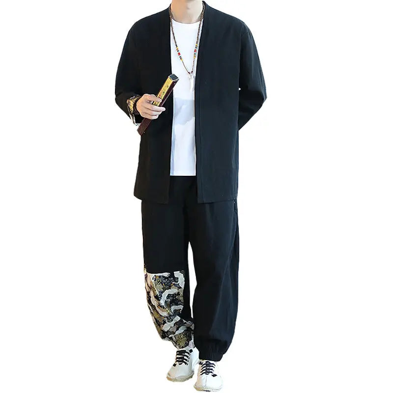 New Spring And Autumn Chinese Style Suit Mid-Length Tang Suit Men's Youth Retro 2-Piece Set One Drop Delivery - WAlMYe #
