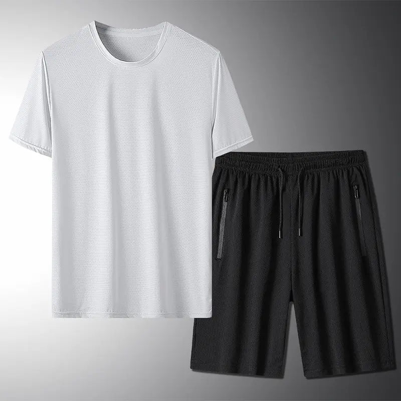 Outdoor Summer Short-sleeved Suit Male Ice Silk T-shirt Five-point Pants Sports Shorts Men's Breathable Short Set Two-piece Tide - WAlMYe #