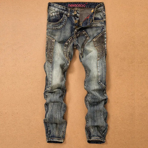 Retro Jeans Men's Stitching Beggars Old Patch Slim-fit Straight Trousers - WAlMYe #