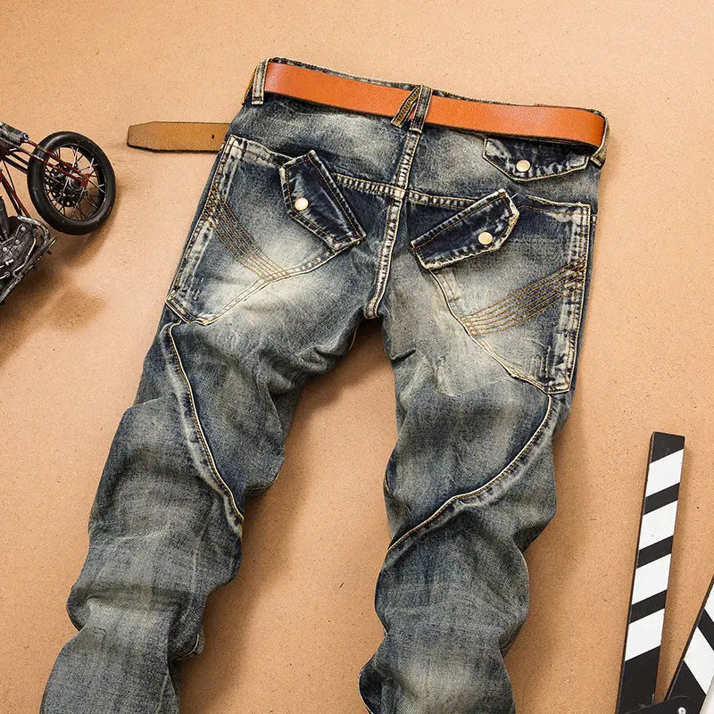 Retro Jeans Men's Stitching Beggars Old Patch Slim-fit Straight Trousers - WAlMYe #