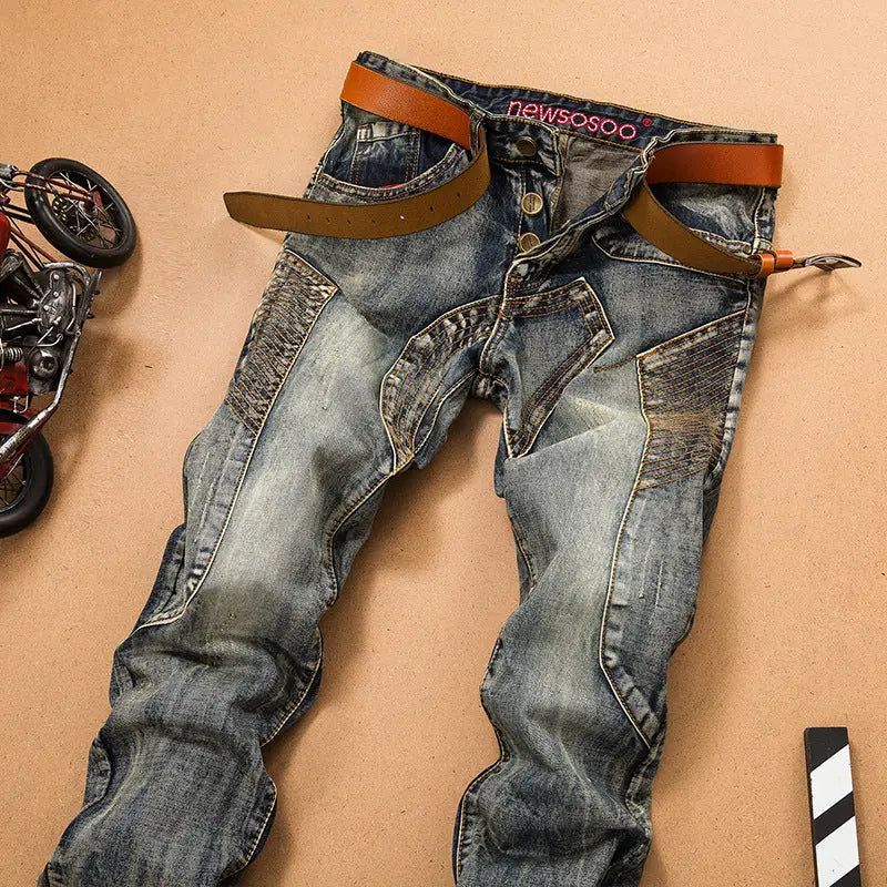 Retro Jeans Men's Stitching Beggars Old Patch Slim-fit Straight Trousers - WAlMYe #