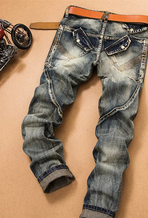 Retro Jeans Men's Stitching Beggars Old Patch Slim-fit Straight Trousers - WAlMYe #