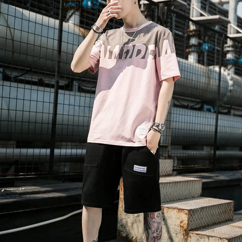 Short Sleeve T-Shirt Suit Men's New Fashion Summer A Set Of Casual And Handsome With Trendy Men's Clothes - WAlMYe #