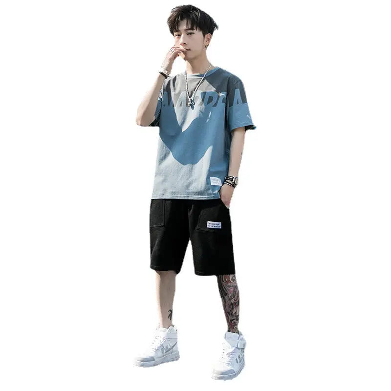 Short Sleeve T-Shirt Suit Men's New Fashion Summer A Set Of Casual And Handsome With Trendy Men's Clothes - WAlMYe #