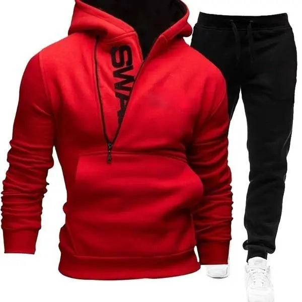 Side zipper contrast color hooded men's sweater suit - WAlMYe #