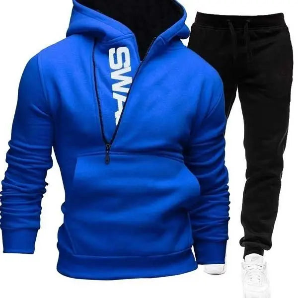 Side zipper contrast color hooded men's sweater suit - WAlMYe #