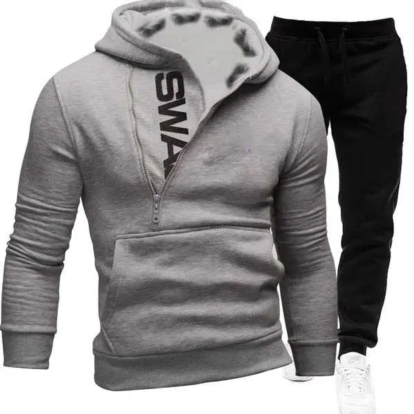 Side zipper contrast color hooded men's sweater suit - WAlMYe #