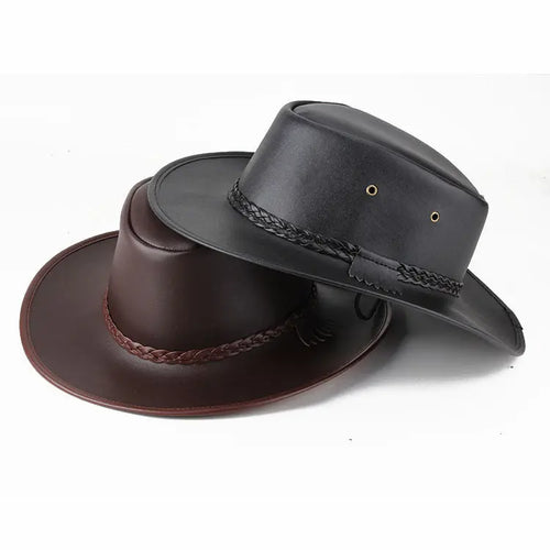 Solid Colour Leather Cord Large Brimmed Sun Visor Cowboy Hat - WAlMYe #