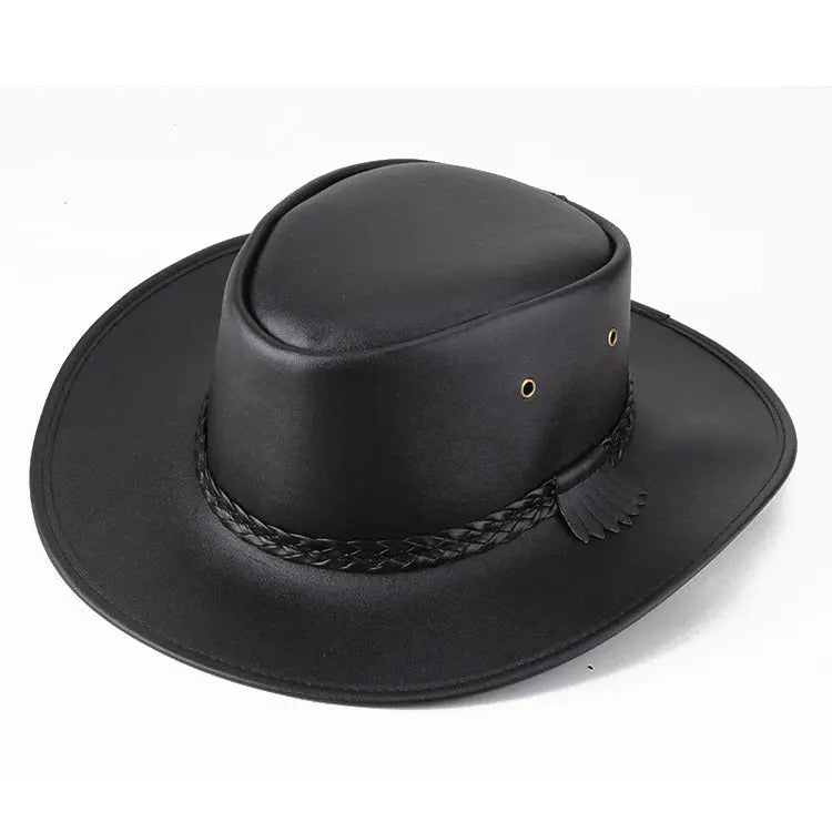 Solid Colour Leather Cord Large Brimmed Sun Visor Cowboy Hat - WAlMYe #