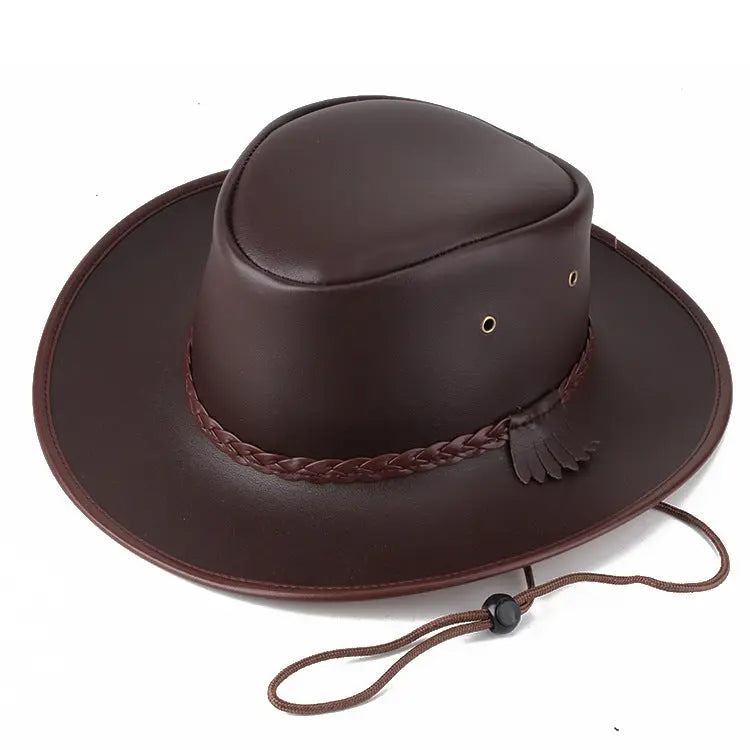 Solid Colour Leather Cord Large Brimmed Sun Visor Cowboy Hat - WAlMYe #